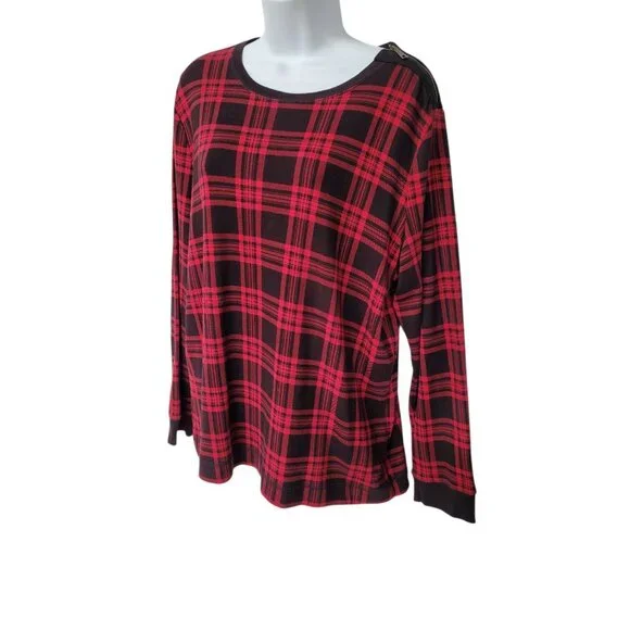 Ralph Lauren Jeans Co Top Shirt Womens 1X Red Black Plaid Elbow Patches Zipper - Picture 2 of 11
